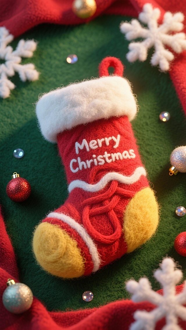 毛绒质感圣诞袜，重拟物风设计，融合卡通与面料纹理，搭配雪flake与彩球，营造喜庆温馨的节日氛围。