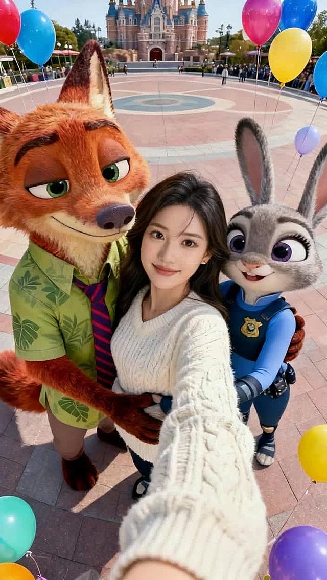 背景为迪士尼乐园中心广场，人物互相拥抱，周围飘着彩色气球