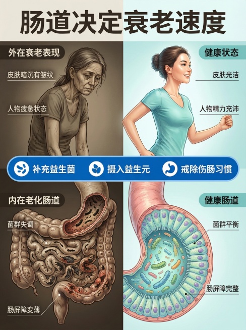 “一幅关于肠道年龄与人体衰老关系的公众号科普长图。采用高级医学插画风格，核心构图是左右对比：左侧展示外在衰老表现（皮肤差、易疲劳）与内在老化肠道（菌群失调、屏障薄）的关联；右侧展示健康状态与健康肠道的预览效果
