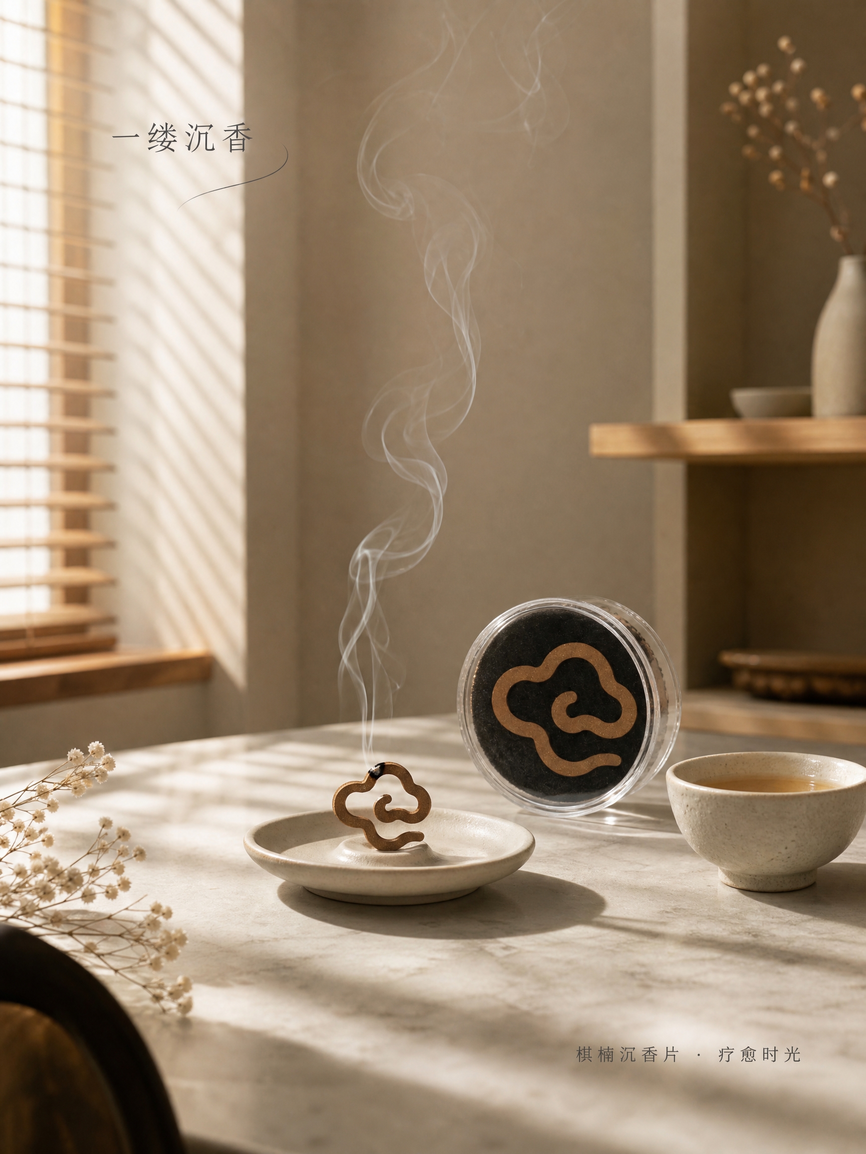 [主图-2] 现代疗愈茶室点燃氛围图，沉香片点燃使用场景，治愈… - 图片创意预览