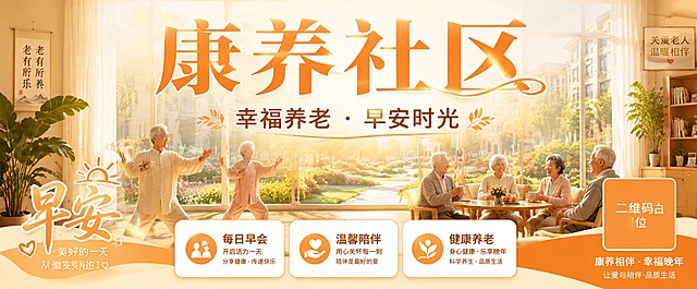 公众号封面横版海报，康养社区早会主题，养老为主题背景。画面中央偏上位置是超大号主标题文字"康养社区"，字体醒目放大，温暖的橙金色渐变字体，占据视觉中心。副标题"幸福养老 · 早安时光"在主标题下方，字号适中。背景是温馨的养老社区晨间场景：阳光透过落地窗洒进明亮的活动室，几位慈祥的老年人正在晨练或交谈，氛围祥和温暖。窗外是绿意盎然的花园和整洁的社区建筑，晨光柔和。画面下方有三个信息标签："每日早会"、"温馨陪伴"、"健康养老"，用圆角小卡片呈现。左下角有"早安"装饰字样。整体色调温暖柔和，以暖橙、米白、浅绿为主，营造治愈、安心、幸福的养老氛围。版式精美，左右对称构图，文字清晰可读，四周留有安全边距。画面中所有二维码区域使用纯色方块占位符呈现，方块中央标注"二维码占位"文字，严禁生成任何可识别的二维码图案。画面中所有信息区域必须填充完整合理的内容，不得出现空白框或待填写区域。