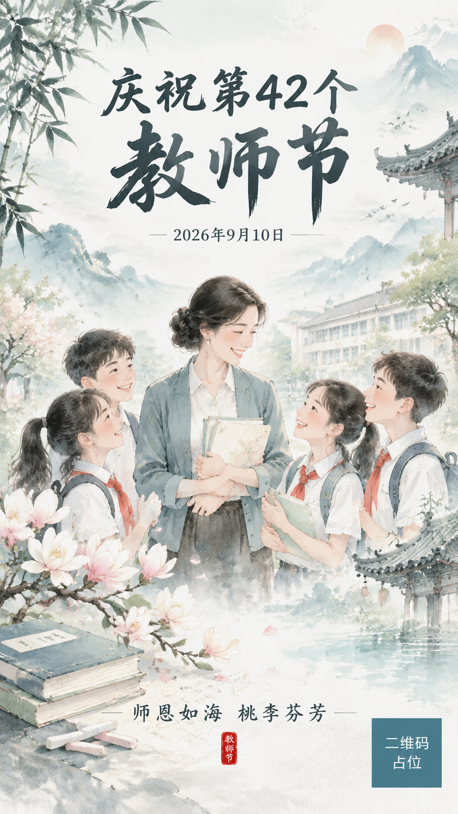 水墨淡彩风格教师节海报，竖版9:16，整体风格淡雅清新。画面以… - 图片创意预览