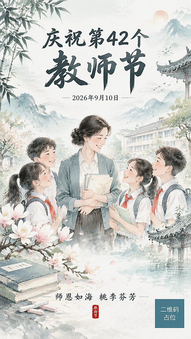 水墨淡彩风格教师节海报，竖版9:16，整体风格淡雅清新。画面以浅灰蓝水墨晕染为底色，融入远山、竹林、校园屋檐等淡彩元素，营造诗意校园氛围。画面中央偏上位置是主标题「庆祝第42个教师节」，采用飘逸的书法字体，深墨色，字号醒目大气。主标题下方标注日期「2026年9月10日」，字体端正雅致。画面中景描绘温馨校园场景：一位面带微笑的老师站在中间，周围围绕着几名朝气蓬勃的学生，师生互动自然亲切，人物形象以水墨淡彩勾勒，线条流畅柔美。背景点缀淡雅的玉兰花、书卷、粉笔等教师节象征元素。底部有副标题「师恩如海 桃李芬芳」，朱红色小印章点缀。整体构图层次分明，留白充足，版式精美。色彩以水墨灰、淡青、浅粉、米白为主，色调柔和雅致。光影柔和朦胧，水墨晕染质感自然，超高清画质。画面中所有信息区域必须填充完整合理的内容，不得出现空白框或待填写区域。画面中所有二维码区域使用纯色方块占位符呈现，方块中央标注"二维码占位"文字，严禁生成任何可识别的二维码图案。