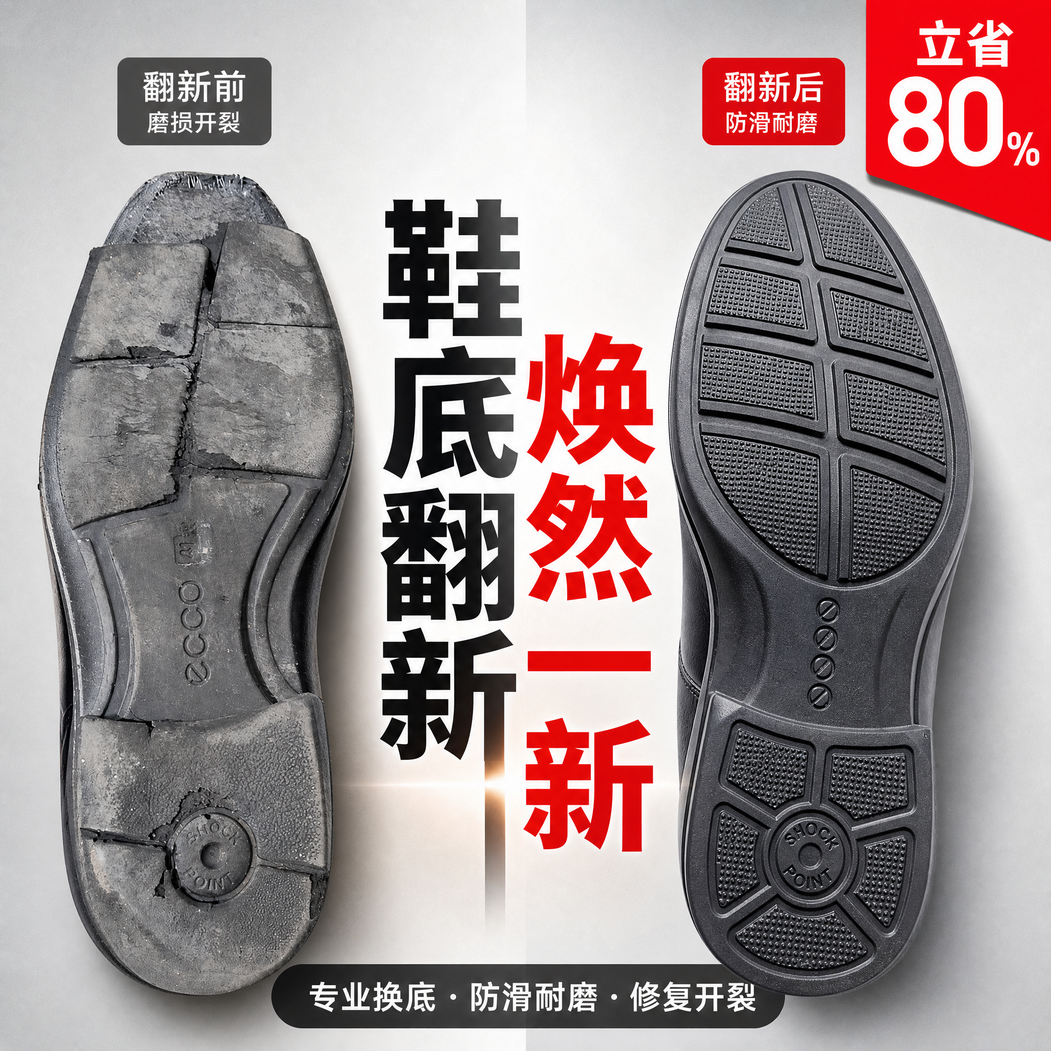 电商主图，1:1正方形，皮鞋换底服务对比主图。左侧展示磨损开裂… - 图片创意预览