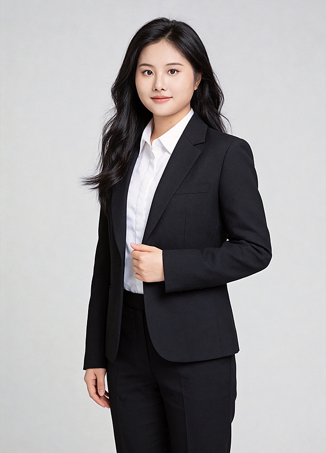 参考图中保留人物脸型、发型、年龄等特征生成职场形象照,标准焦段50mm,f/4光圈(f/2.8-f/4区间),平视视角(镜头与人物视线齐平);人物占画面70%,人物居中(居中构图),位于画面中心,为视觉聚焦点,入境范围头部及以下至臀部下方10cm(半身像);左右留少量背景空间;头部与画面顶部保留5%空间;头部发型完整,头肩比例协调,人物结构准确;身穿深黑色精纺羊毛混纺西装外套,(平驳领设计,面料呈细腻微微哑光质感);内搭白色衬衫;下装深黑色精纺羊毛混纺西装裤;着装正式干练;专业稳重;身形匀称,姿态端正,身体挺拔。呈右手轻握西装前襟的自然姿态，肢体放松且自信;发质微微柔顺，微微蓬松。简约微微中度灰色纯色背景(呈现均匀柔和质感),背景光线均匀柔和,强化色彩对比的高级感。极简干净;32k画质超高分辨率、细节清晰,现代精致感风格;肤质精细化处理;眼神直视镜头,目光坚定且澄澈,表情自然。嘴角上扬;韩式美颜磨皮精致妆容,自然裸妆(清透底妆+淡色唇妆),妆感轻薄,肤质精细化处理;白皙清透肤质透亮,微微柔光提亮,细腻无瑕,通透高级感干净清透肤质,肤色均匀,肌肤柔光美白细腻,自然提亮,光影柔和通透水光肌,肤质细腻平滑干净哑光肤质,无油光无暗沉;干净肤色,健康肤色,无蜡黄,无暗沉,无黄皮,肤质细腻,高清皮肤细节;微微修饰脸型,肤质哑光细腻,面部雾面柔光,轻透裸肌感,真实毛孔纹理,杰作,最佳画质,超高细节,写实摄影,中近景人像,面部清晰,五官精致,皮肤细腻通透,白皙清透皮肤,干净肤色,柔光,正面补光,面部光线均匀明亮,无浓重阴影,冷色调白平衡,画面干净清新,色调明亮,对焦清晰;分辨率4K,去除人物之外的所有元素。严格按照图片内容生成。