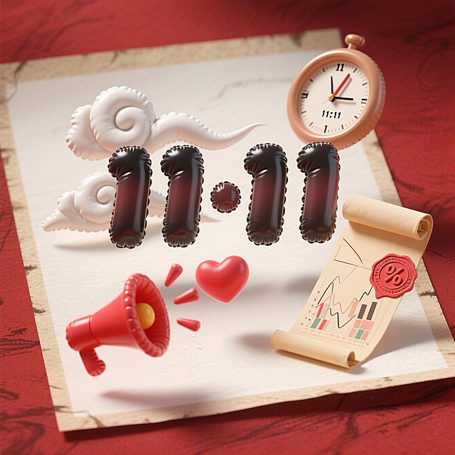 主体为挥毫泼墨写就的“11·11”书法字形，墨迹酣畅淋漓。数字周围缭绕着祥云纹样的喇叭、日晷时钟、卷轴信封、红色爱心、水墨晕染的数据图表和印章式样的折扣标识。前景大量留白，背景是铺满的暗红色宣纸纹理。