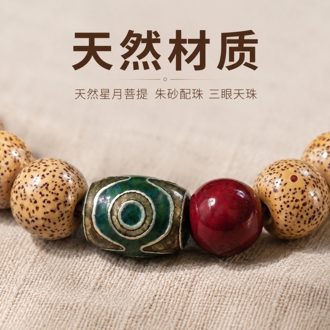 「图片1」，生成一套主图（10张），商品名称是星月手串，卖点是新月菩提朱砂天珠手链	
，男女通用，寓意吉祥如意，福气满满颗颗精选，适配拼多多平台，主图比例为1:1预览效果