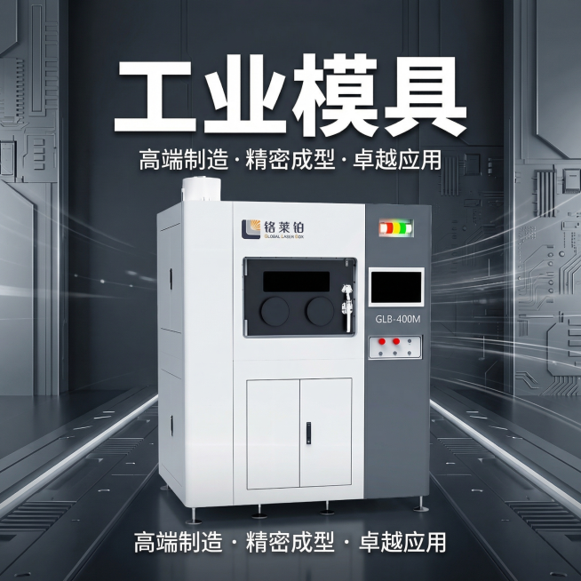 基于原图生成一张高大上的产品介绍图，1比1构图，保留原始3D打印设备，添加文字内容“工业模具”，突出该设备在工业模具领域的应用，整体风格高端大气，工业风，科技感深灰色背景，高清质感，简洁专业预览效果