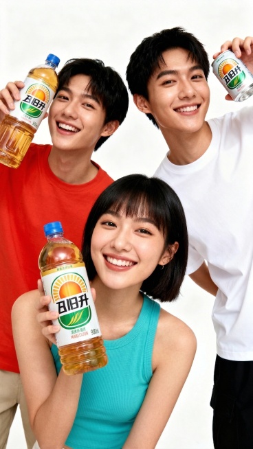 把左侧两个黑衣服改成一个红色衣服一个青绿色衣服，手里饮料改成900mlPET塑料瓶饮料预览效果