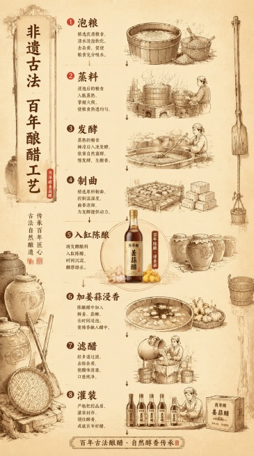 [第4屏] 非遗古法百年酿醋工艺流程图。
[氛围/风格] 复古木版画线性插画风格，传统手工质感，传递百年工艺底蕴。
[元素布局] 暖棕单色线条绘制完整酿醋8道工序：泡粮→蒸料→发酵→制曲→入缸陈酿→加预览效果
