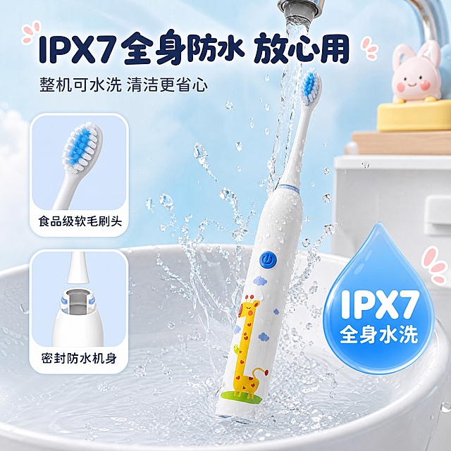 [主图-3] 材质细节+防水功能图，任务：展示IPX7防水+食品级材质安全背书。
[统一基调] 拼多多风格，大字直白，童趣温馨，奶油白+浅粉蓝主色，圆润软萌黑体标题，圆角卡片样式。
[画面] 画面中央展示白色长颈鹿款儿童电动牙刷被水流冲洗的场景，水花四溅但牙刷安然无恙，直观表现全身防水。牙刷下方是白色洗手台，水龙头在上方出水。左侧用2个圆角小卡片展示细节证据：第一个卡片展示刷头食品级软毛材质特写，第二个卡片展示机身密封结构示意。右侧有一个水滴形状的大图标，内部写"IPX7"。产品完整展示，卡通图案清晰可见，按钮位置正确。
[光影质感] 商业产品摄影质感，水流晶莹剔透有高光，产品表面有水珠但不模糊，整体明亮通透，主光从前方偏上照射。
[配色] 背景清透浅蓝+白色，表现水的洁净感，标题字深蓝，强调色用亮蓝色水滴，卡片白底浅蓝边。
[文字版式] 顶部大标题："IPX7全身防水 放心用"，副标题："整机可水洗 清洁更省心"。左侧卡片分别标注："食品级软毛刷头"、"密封防水机身"。水滴图标内大字"IPX7"下方小字"全身水洗"。文字圆润黑体，清晰易读。
[输出要求] 1:1正方形，2048*2048，产品清晰不变形，水花效果真实自然，文字清晰无错字，无水印无平台Logo。