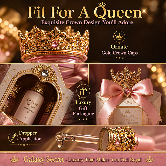 Amazon cross-border product claim image - Galaxy Secret Crown Body Oil Collection, crown cap detail & luxury packaging page. Brand is "Galaxy Secret".
Regal luxury packaging showcase aesthetic, close-up detail photography, ornate crown cap design, princess gift set feel, gold and pink palette.
Close-up views of the crown body oil set focusing on craftsmanship and luxury details; top section shows the ornate golden crown cap close-up with intricate filigree patterns and jewel-like details; left side shows the gift box arched window detail with gold frame and rhinestone accent; right side shows the decorative crown topper with pink bow on the gift box; bottom shows the dropper applicator detail; warm lighting highlighting gold metal shine and intricate details.
Warm dramatic side lighting, strong highlights on gold crown metal, deep shadows creating depth, sparkling glitter on box, premium luxury product photography quality.
Color palette: regal gold, soft pink, white with gold glitter, deep gold shadows; rich and princess-like.
Collage of detail views arranged for 1:1 square, reading flow top crown cap → left window detail → right box topper → bottom dropper.
Text: Top headline "Fit For A Queen", subtitle "Exquisite Crown Design You'll Adore"; three feature points: "Ornate Gold Crown Caps", "Dropper Applicator", "Luxury Gift Packaging"; bottom tagline "Galaxy Secret - Luxury That Makes You Feel Royal"; all text in English, elegant serif font, gold and pink text colors.
1:1 square ratio, high definition, sharp text.
Negative: deformed products, wrong brand, watermarks, garbled text, blurry, Chinese characters, price tags