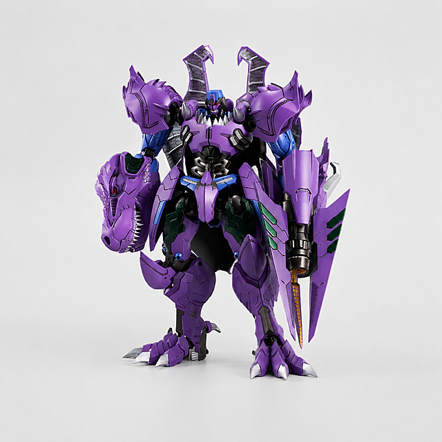 产品精修，产品置于灰白色纯色背景上，专业商业棚拍光，5500K标准中性白光，轮廓光，体积光，曝光正确，强烈真实立体感，提亮黑色/深色区域的结构层次，拉开明暗过渡，恢复部件边界、接缝、转折面和厚度关系，避免一片死黑但保持原图深色属性，接地处保留干净浅淡的自然接触阴影，严禁大片投影、脏灰阴影和悬浮感，主体居中，商品完整入画不裁切，商品外轮廓视觉体量约画面60%-80%，四边均匀留白约10%-20%，严禁满幅铺满与贴边顶满，极致超清画质，细节清晰锐利，商业级实拍质感，保留原图真实材质与结构细节，提升商品洁净度和商业新品感，清除旧痕、灰暗、脏斑和不均匀色块，保留原图颜色分区、材质色相、结构和功能细节，禁止整体提亮改色，修复边缘毛糙、锯齿、断边和抠图感，边缘自然清晰过渡，锁定原图商品颜色，颜色以输入图为唯一参考，分段部件颜色边界按原图锁定，锁定原图商品轮廓、件数、部件位置、连接关系、标签文字和可见功能细节，只做精修不重绘结构，主体大面积机甲外壳：哑光/半哑光塑料质感，柔和漫反射，低高光，金属关节与武器部件：光面金属质感按原图锁定，高光边线清晰，反射干净但不过度镜面化，前侧视图，标准透视校正，正常透视焦段，保持同类机位，比例1:1