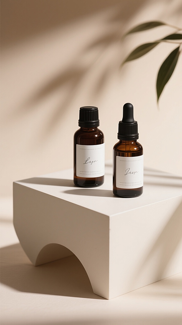 极简主义风格的产品展览场景，柔和的米白色与浅棕色渐变背景，温暖的侧逆光营造出清晰柔和的物体阴影和细腻的高光，两个深棕色玻璃精油瓶带有黑色瓶盖，瓶身贴有简约白色标签和优雅手写体文字，放置在几何形状的米白色展示台上，台面边缘呈现流畅的弧形切割，背景中隐约可见植物叶片投射的自然阴影，整体氛围宁静、高级且富有质感，光线均匀柔和，突出产品的精致细节与材质纹理，无任何文字信息和多余装饰元素。
