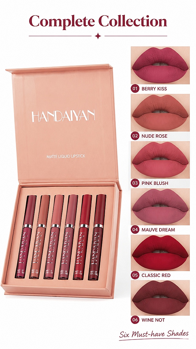 「图片1」，生成详情页，商品名称为Handaiyan Matte Satin Liquid Lip  200g Single | Waterproof Long Lasting Lip Gloss, High Pigment Lightweight Fade Resistant Lip Tint, Comfort For All Skin, Daily Work Party Occasion Makeup glaze「图片1」「图片1」「图片1」「图片1」「图片1」「图片1」「图片1」，适配其他跨境平台平台，单图比例为9:16，需求屏数为8张。