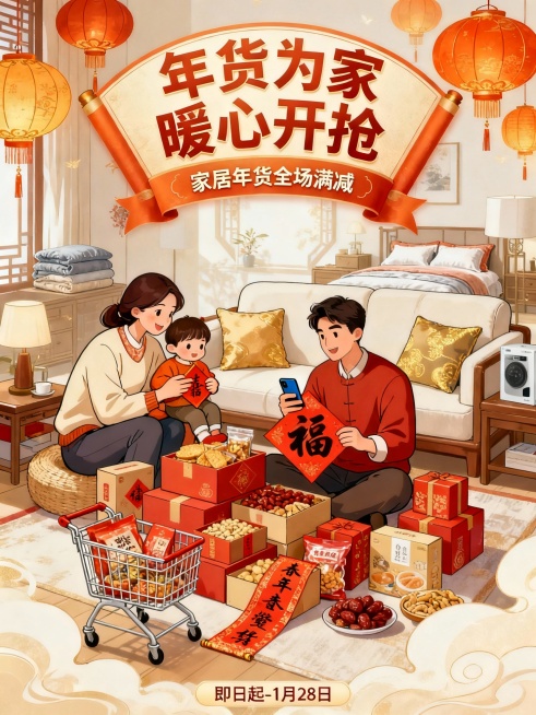 手绘插画・温馨家庭风
核心创意：温馨手绘插画，描绘 “一家人围坐囤年货” 的场景，融合电商购物元素，突出 “年货为家，暖心抢购”，适合家居、厨具、家纺、食品等家庭刚需品类，引发情感共鸣。
详细提示词：预览效果
