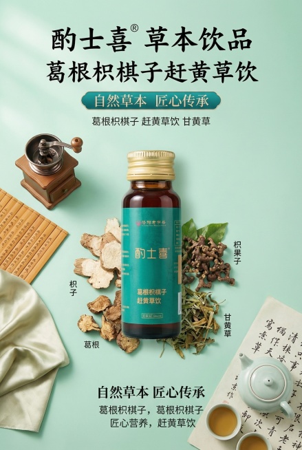生成电商详情页，底色与图中产品的青绿色包装颜色一致，产品摆放在画面中，旁边放置葛根、枳椇子、赶黄草等中药材，搭配古风中式装饰元素，整体风格清新自然，突出草本饮品的属性预览效果