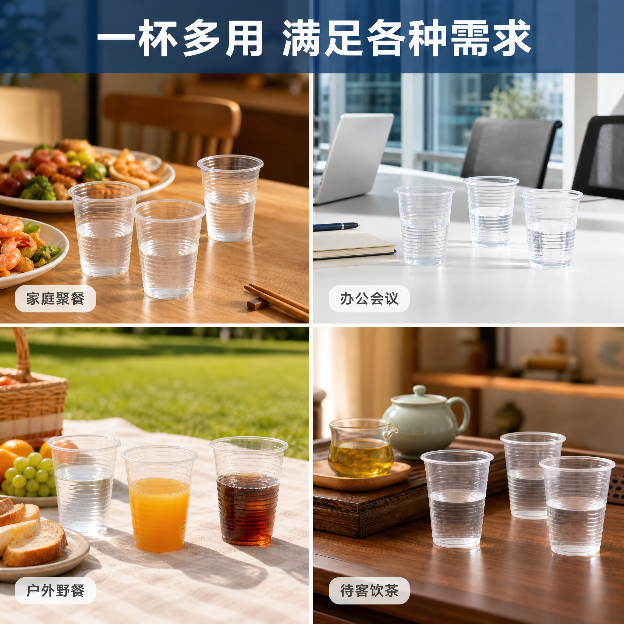 [主图-3] 一次性塑料水杯多场景适用宫格图，展示家用办公聚餐… - 图片创意预览