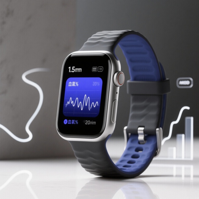 请帮我生成智能手环的产品概念图：

外观描述：
一款极简风格的智能手环，采用哑光金属边框与微弧曲面屏幕设计，表体轻薄（厚度约8mm），宽度适中（约20mm），边缘圆润流畅。屏幕为1.5英寸矩形圆角AM预览效果