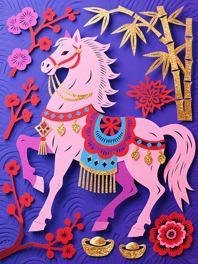 主体是粉色骏马（装饰蓝红纹样、流苏配饰，点缀金箔质感），周围环绕金竹、红梅、菊花、元宝等吉祥元素，背景为蓝紫色纹理，配色浓烈鲜艳（粉、红、蓝、紫、金等），风格喜庆华贵、充满传统吉祥寓意