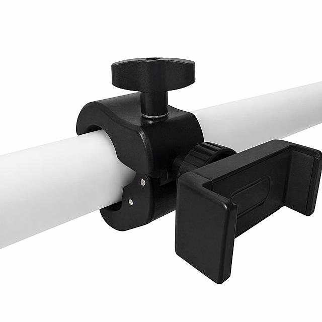 Amazon compliant white background product main image. The product is a black pole-mounted phone holder clamp with a large top knob screw, a C-shaped clamp body that grips a white cylindrical pole, and a side-mounted phone clip bracket. Product is centered in the frame, occupying 85%+ of the image area. Pure white #FFFFFF background, no shadows, no text, no logos, no props, no scene elements. Product appearance (physical structure, material texture, black color, knob shape, clamp mechanism, phone clip shape) must remain exactly consistent with the input product image, no deformation or color difference. Commercial product photography quality, clean and crisp edges, smooth matte black plastic finish, subtle highlights on the knob top surface. 1:1 square ratio, ultra high definition, professional e-commerce product shot. Negative: deformed parts, blurry product, messy background, watermark, platform logo, text, shadows, scene objects