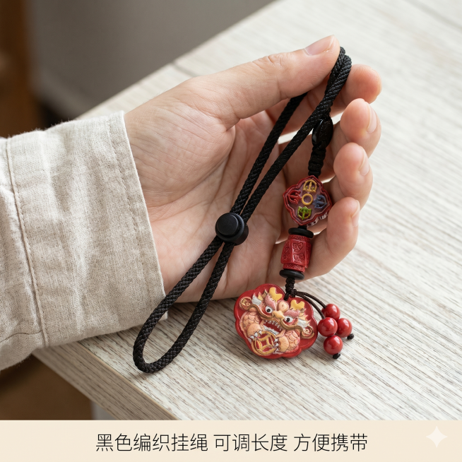 [主图-5] 挂绳细节与佩戴场景展示图
[氛围风格] 生活化国风展示，真实自然
[画质] 高清商业摄影，质感真实自然
[元素] 展示黑色编织挂绳搭配黑色调节扣的细节，在手模钥匙孔位置展示佩戴效果，能清预览效果