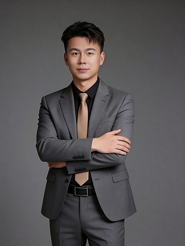 参考第一张图保留人物脸型､年龄等特征生成职场形象照,参考第二张图人物占位和比例,标准焦段50mm,F/4光圈(F/2.8-F/4区间),平视视角(镜头与人物视线齐平);人物占画面70%,人物居中(居中构图),位于画面中心,为视觉聚焦点,入境范围头部及以下至臀部区域(半身像);左右留少量背景空间;头部与画面顶部保留5%空间;头部发型完整;头肩比例协调,身穿修身精纺羊毛混纺面料的灰色西装,平驳领(商务感正式感),西装下摆自然垂度;内搭深色翻领衬衣,搭配高级浅咖色领带(含5%桑蚕丝提升柔光质感),下装精纺羊毛混纺面料的灰色西裤(面料同西装),搭配暗色哑光皮带(宽1.5cm),带扣为长方形拉丝黑色金属(1.8cm×2.5cm);呈正面抱胸的自然站立姿态:左臂搭于右臂上方,肩颈自然松弛下沉,姿态自信从容｡正式严谨专业稳重,身形匀称,姿态端正｡发梢微微修整干练大气,主体锐利,影棚侧光布光(主光来自画面前方),明暗过渡柔和,背景光线均匀,强化色彩对比的高级感｡哑光简约中深灰色纯色背景(呈现均匀柔和质感),极简干净;32K画质超高分辨率､细节清晰,整体风格雅致､兼具现代精致感;肤质精细化处理;眼神直视镜头,目光坚定且澄澈,表情自然.嘴角上扬;面部光比1:1.5,4800K中性光,微微修饰脸型,肤质哑光细腻,面部微微雾面柔光,轻透裸肌感,真实毛孔纹理,32K画质,去除人物之外的所有元素｡严格按照第一张图内容生成｡