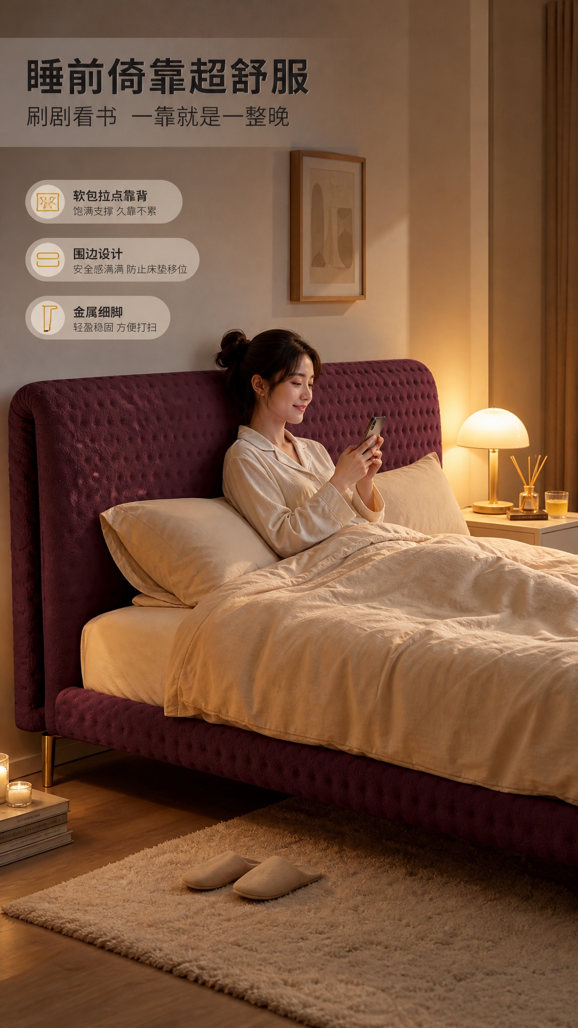 [商品] 使用【图1】酒红色布艺软包床；商品处理：保留拉点靠背… - 图片创意预览