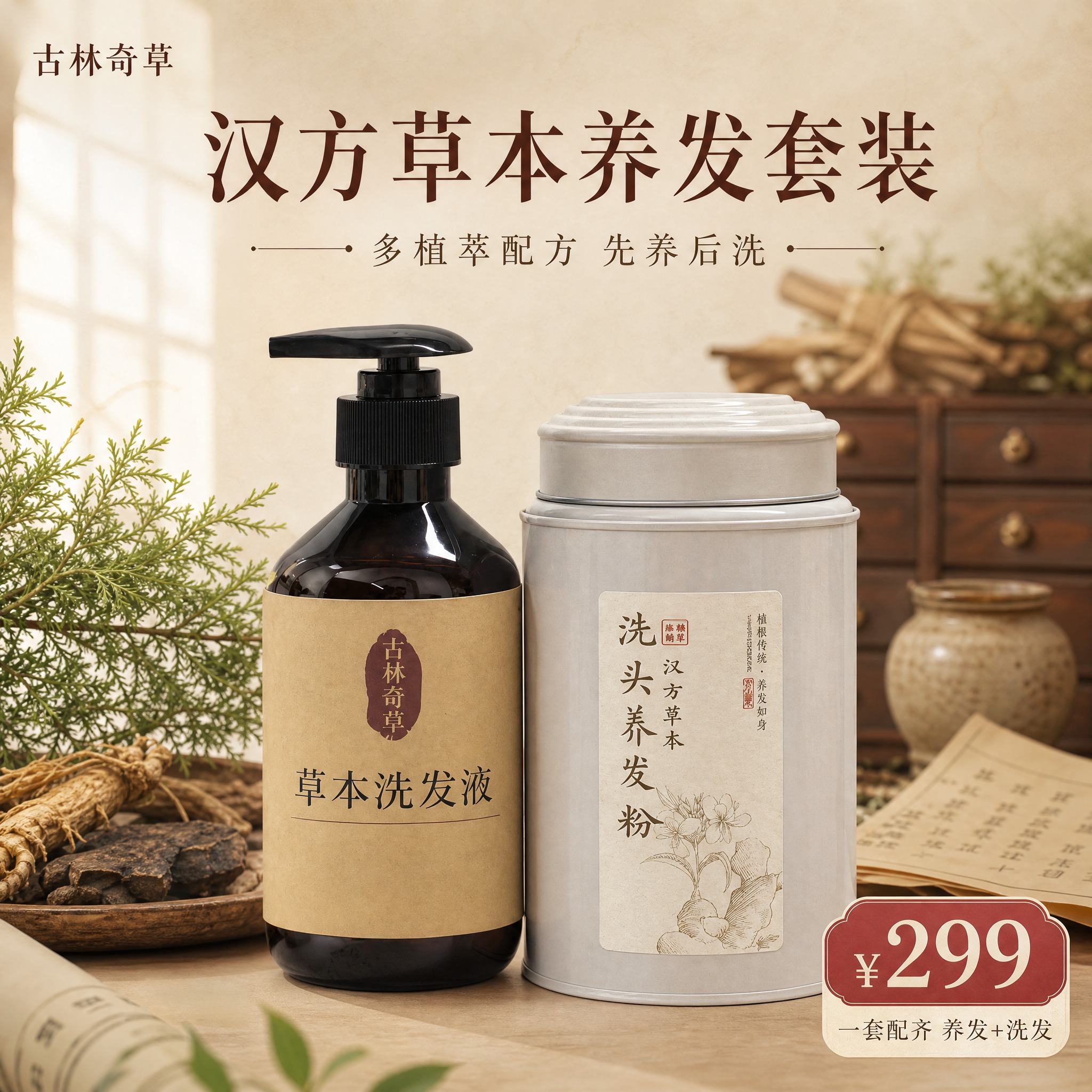 [主图-1] 首图品牌调性，展示汉方草本养发套装（洗头养发粉+… - 图片创意预览