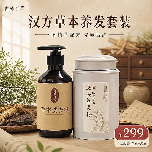 [主图-1] 首图品牌调性，展示汉方草本养发套装（洗头养发粉+草本洗发液），突出多草本配方与中药国风氛围，价格299元。
[统一基调] 中药国风视觉，主色为米杏色、赭石棕、草木绿，整体温润雅致，有草本植物与原木、药柜、宣纸等中式元素点缀，字体选用细衬线宋体，标题字色为深赭棕色，辅助字色为灰棕色，强调色为朱砂红（仅用于价格标签），卡片与边框采用米白宣纸纹理与细线描边风格，小红书原生氛围感，避免硬广感。
[画面] 画面中央并排放置两瓶产品：左侧为深棕色按压瓶草本洗发液（瓶身贴米黄色牛皮纸标签，写有古林奇草 草本洗发液字样），右侧为银白色金属罐洗头养发粉（罐身贴米白色标签，写有汉方草本 洗头养发粉字样及草本线描图案）。两瓶产品底部有柔和接触阴影，自然放置在浅木色台面上。背景为虚化的中式中药铺场景：隐约可见木质药柜抽屉、干草药束、侧柏叶、人参、何首乌等草本植物枝条、古朴陶罐、宣纸卷轴一角，光线从左侧柔和洒入，营造温润晨光感。产品占画面约60%，完整不切割。
[光影质感] 商业静物摄影质感，柔和侧光，产品表面有自然高光与细腻反光，瓶身玻璃质感通透，金属罐有哑光金属光泽，背景虚化形成景深，整体温暖通透，无硬阴影。
[配色] 米杏色背景主调，深赭棕色标题，灰棕色辅助文字，朱砂红价格标签，草木绿植物点缀，整体统一中药国风配色。
[文字版式] 左上角放置品牌名「古林奇草」小号细衬线字；画面上方主标题「汉方草本养发套装」大字醒目；主标题下方副标题「多植萃配方 先养后洗」；右下角价格区域：红色圆角标签内写「¥299」大号数字，下方小字「一套配齐 养发+洗发」。文字均放在负空间，不遮挡产品主体。
[输出要求] 比例1:1，文字清晰可读，产品清晰完整，无变形、错字、模糊、杂乱、水印、平台Logo，无生产厂家信息，无具体草本种类数量描述。