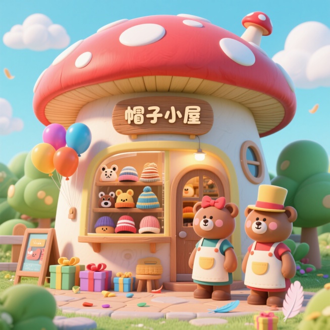 一个卡通风格的帽子店铺，店铺外观是可爱的蘑菇形状，屋顶是红色带白色圆点的，门口挂着彩色气球和“帽子小屋”的木质招牌，橱窗里展示着各种卡通帽子，有动物耳朵帽、条纹针织帽、蝴蝶结礼帽，店门口有两个穿着围裙预览效果