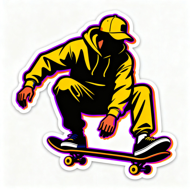 masterpiece, vector illustration, skateboarder silhouette, in dynamic crouching pose, wearing hoodie预览效果