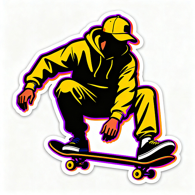 masterpiece, vector illustration, skateboarder silhouette, in dynamic crouching pose, wearing hoodie and cap, yellow and black main color, thick dark outline, layered neon purple and orange outer glow, retro 90s streetwear style, bold graphic, clean flat colors, white background, sticker design, high contrast, no gradient