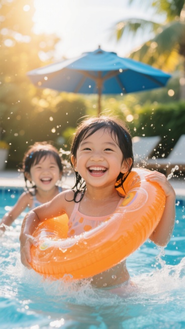 两个小女孩在泳池中嬉戏，前景中一个女孩正举着橙色游泳圈，笑脸灿烂，水花四溅，背景有蓝色遮阳伞和阳光洒下的金色光斑，整体呈现温暖欢快的夏日氛围，高清晰度写实摄影风格，色彩明亮饱和，光影层次丰富。预览效果