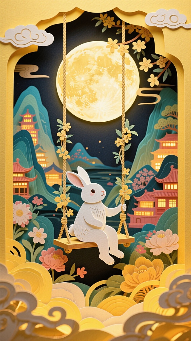 一轮巨大的圆月为占据画面中心的特写，拟人化的白兔形象坐在秋千上，秋千绳索装饰有桂花，背景含大量中国风花卉元素和山水，现出全景的山峦叠嶂间呈现古今建筑里万家灯火渐变温暖的光影，祥云装饰，突显中秋节日氛围，黄色调基底