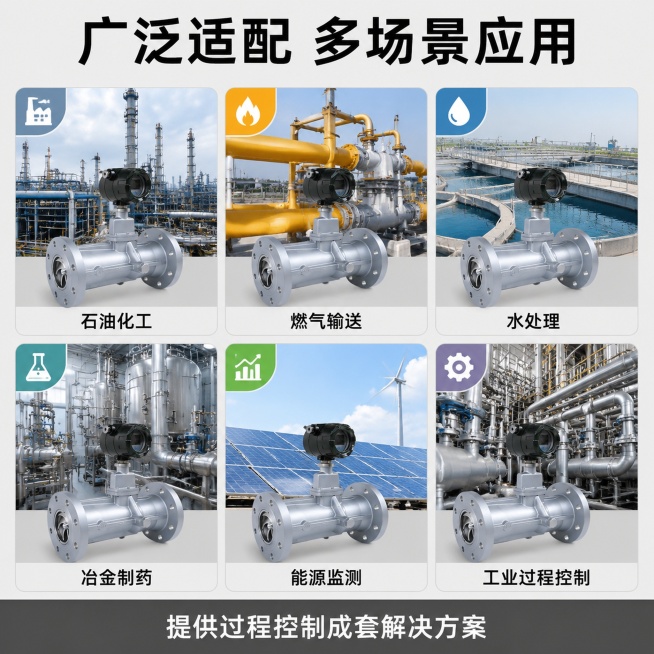 [主图-4] 旋进漩涡流量计适用场景展示；
[氛围风格] 多场景覆盖，专业应用展示；
[画质] 清晰真实的工业场景质感，每个场景细节自然；
[元素] 顶部大标题，下方六宫格展示适用场景：石油化工、燃气预览效果