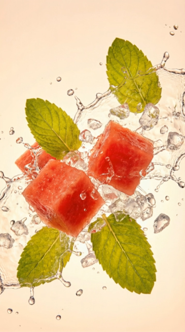 电影级极度慢动作特效，微距镜头。在温暖的落日余晖和暖桃色背景下，悬浮在半空中的红西瓜块和绿薄荷叶缓慢旋转、交汇。大量晶莹剔透的水花和碎冰猛烈碰撞并向四周动态飞溅。水珠和冰块在暖光下闪烁，折射出耀眼迷人预览效果