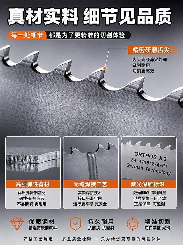[主图-3] 材质工艺细节图，放大展示带锯条的高品质细节，降低购买顾虑。
[统一基调] 整体风格为专业工业风，背景为浅灰到深灰渐变金属质感，主色调为银灰+橙色+黑色，标题字为白色粗黑体，强调色为亮橙色，辅助文字为深灰色，字体统一使用粗黑体，高信息密度构图。
[画面] 画面主体为带锯条的微距特写，分两个主要展示区：主画面展示带锯条齿尖的超近距离特写，清晰可见齿尖的精密研磨角度、金属光泽和刃口的锋利线条；下方或侧边叠加2-3个细节小图框，分别展示：1. 带锯条背部的弹性钢材切面层次；2. 焊接部位的平滑过渡细节；3. 表面激光刻印的型号文字细节。主产品占画面约70%，视角为微距平视，极致展现工艺细节。
[光影质感] 微距精修摄影质感，柔和侧光突出金属纹理和齿尖立体感，高光细腻，阴影过渡自然，每一个锯齿的形状都清晰可辨，金属表面有真实的细微纹理。
[配色] 背景渐变灰色，产品金属银灰色为主，齿尖高光处接近白色，标题和标注用白色和亮橙色，整体干净专业，细节突出。
[文字版式] 顶部主标题"真材实料 细节见品质"白色粗黑体加黑边。每个细节小图框下方配短标签说明："精密研磨齿尖"、"高强弹性背材"、"激光深雕标识"等。侧边或底部加2-3行材质说明文字，字号较小但清晰。整体文字布局在负空间，不遮挡关键细节区域。
[输出要求] 3:4竖版比例，2K分辨率，微距细节极致清晰，文字可读，金属质感真实细腻，无变形错字，无水印，无平台Logo。