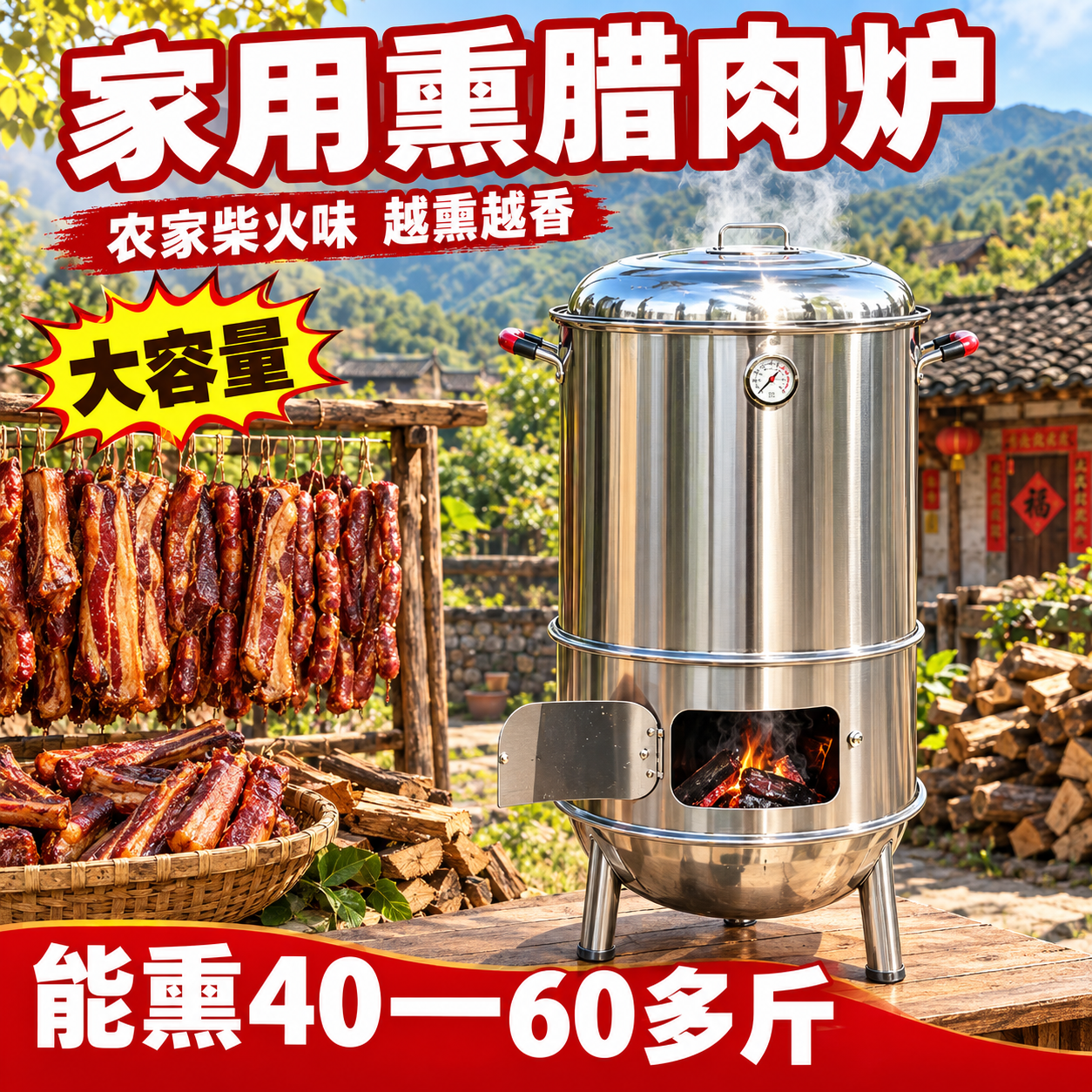 [主图-1] 首图：产品全貌+乡村柴火熏肉氛围，一眼认出是家用… - 图片创意预览