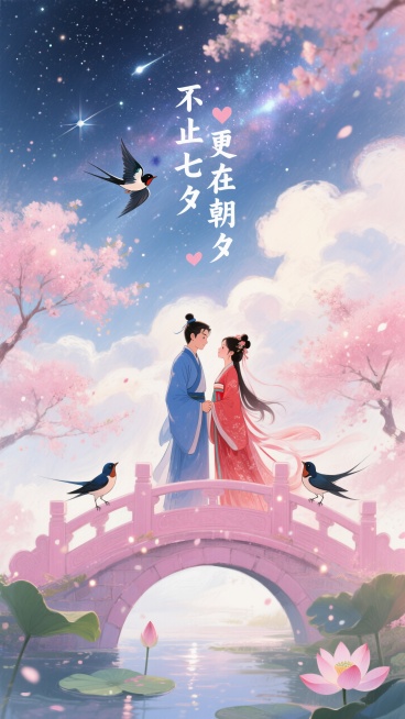 中国古代传统风格，古风情侣身着飘逸古装，深情对视，男子身穿蓝衣，女子身穿红衣。背景是银河，云朵，喜鹊在空中飞翔，画面整体呈现浪漫的粉色调。
一对身着古装的卡通情侣在粉色拱桥上对视牵手，背景有盛开的粉色预览效果