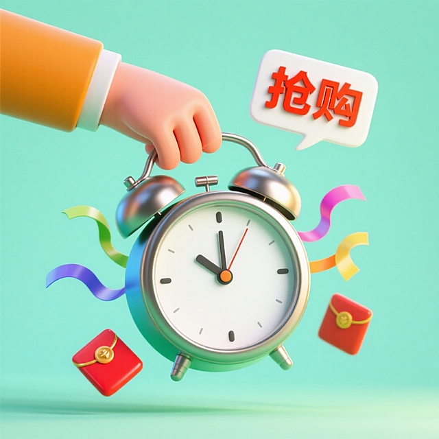画面中心是一只手拖着一个大大的闹钟，闹钟上有冒出一个对话框，里面写着“抢购”，点缀彩带，红包，浅绿色背景。