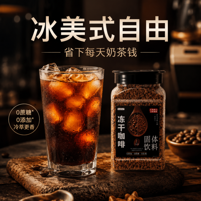 8K 超高清商业饮品摄影，1:1 正方形，透明玻璃杯内深棕色冰美式咖啡与大量冰块，真实冷凝水珠，旁边摆放透明方形冻干咖啡罐，背景为高级咖啡店风格，暖棕与黑色高级配色，顶部大字："冰美式自由"，副标题：预览效果