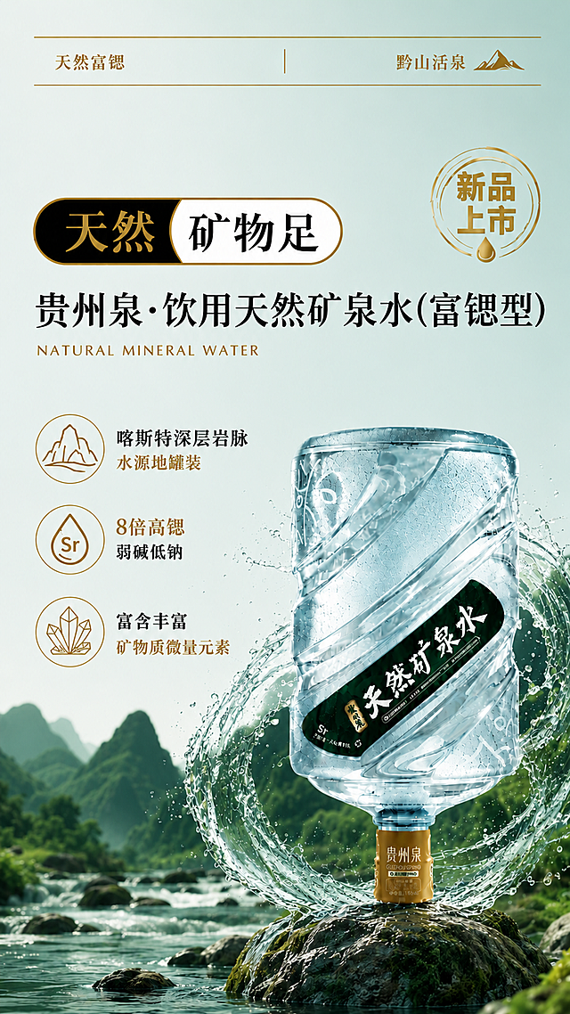 基于原图微调桶装矿泉水海报，图生图模式。18L桶装矿泉水100%还原上传商品图的产品外形、包装、LOGO、印刷文字、净含量，完整保留原图中的桶型、轮廓、结构、比例、标签版式、品牌logo、容量信息、材质质感、颜色与标签正面朝向。产品通透明亮真实自然，稳重扎实。

【核心调整：稍微增强墨绿感】整体色调往产品标签的墨绿色稍微靠拢，微调即可不要大改：
1. 背景山林从浅嫩绿稍微加深，增加一点墨绿调，更浓郁深沉，和标签颜色呼应
2. 山体阴影增加墨绿色调
3. 水面溪流稍微带一点深墨绿水色，像深山潭水的感觉
4. 水花轻微带点墨绿环境反光，更融入环境
5. 天空留白基本保持，只稍微偏冷青一点

【其他全部保留】顶部金线标签、黑金胶囊主标语、产品名称一行排版、左侧三个圆形卖点图标、右上角新品上市徽章、整体构图布局全部不变。

整体只是在现有基础上微调增强墨绿统一感，画面构图和感觉都保留，更沉稳高级，品牌色更统一。画面中所有数字必须精确渲染，不得错位、遗漏或编造。