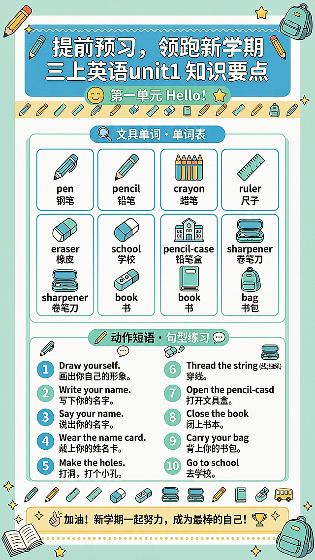 三年级上册英语知识要点总结图，标题写"提前预习，领跑新学期 三上英语unit1 知识要点"，副标题写"第一单元Hello！"，内容包含单词部分：学习文具 pen (钢笔)pencil (铅笔) crayon (蜡笔) ruler(尺子) eraser(橡皮) school (学校) pencil-case ( 铅笔盒) sharpener (卷笔刀) book (书)  bag (书包)；短语第一部分：Draw yourself.画出你自己的形象。 Write your name .写下你的名字。 Say your name 说出你的名字。 Wear the name card .戴上你的姓名卡。 Make the holes .打洞，打个小孔。  thread the string (线;细绳)穿线 Open the pencil-case打开文具盒。 Close the book合上书本。 Carry your bag 背上你的书包。 Go to shool 去学校。整体风格清新明亮，适合小学生家长阅读，方便点赞转发收藏。