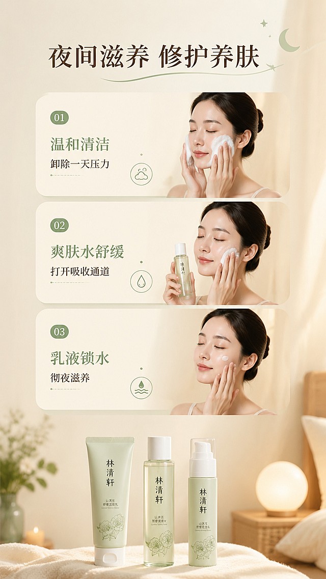 [第9屏] 夜间护理流程屏-分步骤展示夜间修护使用顺序。
[氛围/风格] 温馨舒缓风，暖调柔和光线，舒缓静谧氛围。
[元素布局] 和晨间流程保持相同版式，竖向分三步展示，从上到下：1. 温和清洁 卸除一天压力；2. 爽肤水舒缓 打开吸收通道；3. 乳液锁水 彻夜滋养；每步对应产品动作图，底部放置完整三件套，外观与原图一致。
[光影质感] 暖调柔光，光线柔和不刺眼，营造夜间舒缓氛围。
[配色色系] 全局底色 #F2EFEA；主色暖米+浅绿；辅助深棕色文字，整体暖调统一。
[视角构图] 竖向步骤排列，从上到下阅读，和日间流程版式统一。
[文字版式] 顶部主标题「夜间滋养 修护养肤」，每步标注步骤名称和简短说明，文字清晰，留白充足。
[比例分辨率] 9:16 竖版比例，4K分辨率，文字清晰可辨。
[负向提示词] 动作变形，产品变形，文字拥挤，光感刺眼