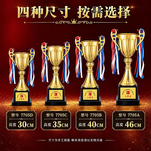 [主图-尺寸对比] 金属奖杯 4个尺寸规格对比展示图。
[统一基调] 整体风格为高端商务颁奖风，背景主色为深红色渐变带金色闪粉底光，标题字色为金色，辅助字色为米白色，强调色为深红色，字体为大气衬线体，字号层级分明，卡片样式为细金边深棕底，整体传递专业、荣誉、品质感。
[画面] 画面中央横向排列4个同款金色奖杯，从左到右按从小到大的比例依次排列，底部对齐在同一水平线上，清晰展示尺寸差异。每个奖杯都保持原图外观：金色杯身、双耳挂红白蓝彩带、黑色底座、三等奖铭牌。4个奖杯下方各对应一个金色边框的信息标签，标注型号和高度。背景为深红色渐变，底部有金色光晕效果，顶部留标题区。
[光影质感] 商业产品摄影质感，主光均匀从前方照射，每个奖杯的金属高光清晰，底座有自然接触阴影，光影统一，4个奖杯质感一致。
[配色] 深红渐变背景 + 金色奖杯 + 红白蓝彩带 + 金色文字 + 深棕信息卡。
[文字版式] 顶部居中主标题：四种尺寸 按需选择，金色大衬线体，下方配一条金色装饰分隔线。4个奖杯从左到右下方对应标签：
第1个：型号 7705D  高度 30CM
第2个：型号 7705C  高度 35CM
第3个：型号 7705B  高度 40CM
第4个：型号 7705A  高度 46CM
每个标签为深棕底金边，型号文字金色，高度数字更大更醒目。底部一行小字：尺寸为手工测量 略有误差请以实物为准，米白色小号。文字全部不遮挡奖杯主体。
[输出要求] 1:1正方形，2K分辨率，4个奖杯比例准确差异明显，文字清晰可读，产品清晰不变形，无错字，画面干净，无水印，无平台Logo，无多余元素。
