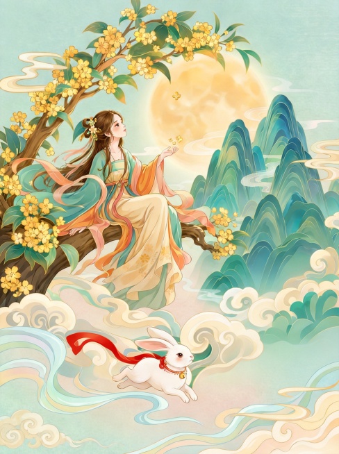去掉图中的白色仙鹿，给兔子身上添加一条红色飘带，保留原图其他内容和国潮插画风格预览效果