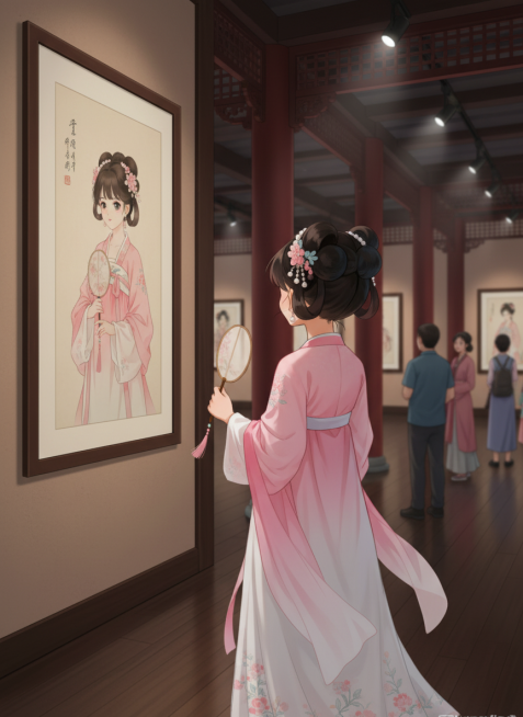 斜拍背面视角，在一个古风展馆里，参考图人物在欣赏墙上挂着的一幅工笔画，画中人物形象与该人物呼应，画要显示完整，远处有其他参观的人，画面是明亮射灯营造的自然氛围。预览效果