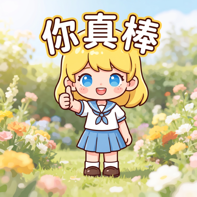 基于已有小女孩IP形象，蓝色眼睛黄色头发，制作表情包：点赞竖大拇指，配文字"你真棒"，卡通Q版风格，同IP保持一致形象预览效果