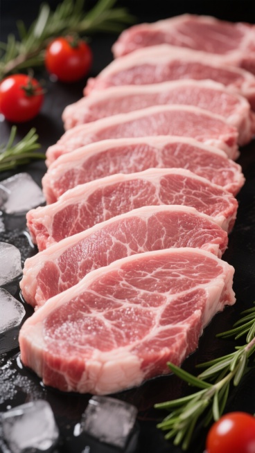 高品质写实风格的新鲜生肉特写，多片纹理清晰、肥瘦相间的粉红色肉片整齐排列，表面富有光泽，肉质细腻且富有弹性，底部散落着晶莹的冰块，背景有鲜红的樱桃番茄和翠绿的迷迭香枝叶点缀，整体采用深色背景突出食材的新鲜度，光线从斜上方照射形成柔和的高光与自然阴影，营造出高端食材的质感与纯净氛围。预览效果